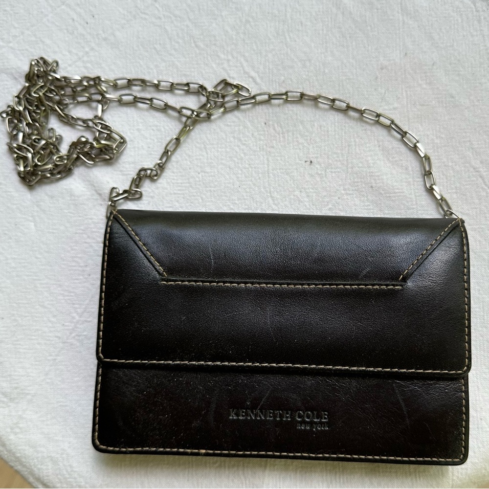 Kenneth Cole Black Leather Super-Mini Bag Edgy Silver-tone Chain Strap Minimal - Picture 7 of 16